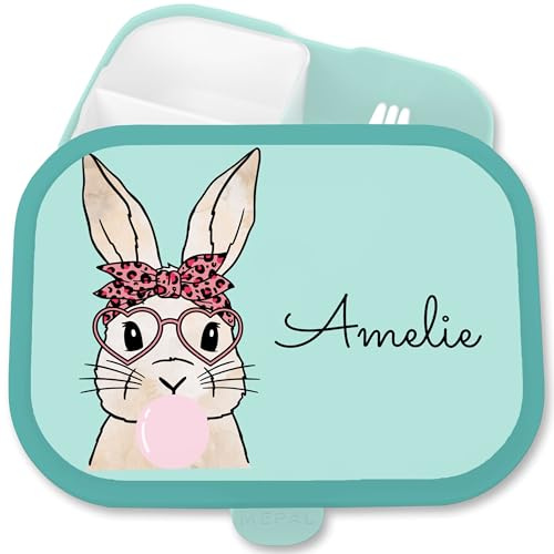 Brotdose Kinder Campus für Mepal - Hase Bunny Hasen Rabbit Langohr Hoppler - 750 ml - Türkis - brotdosen kindergarten hasenmotiv name brotzeitbox personalisierte tiere lunchbox mädchen tier