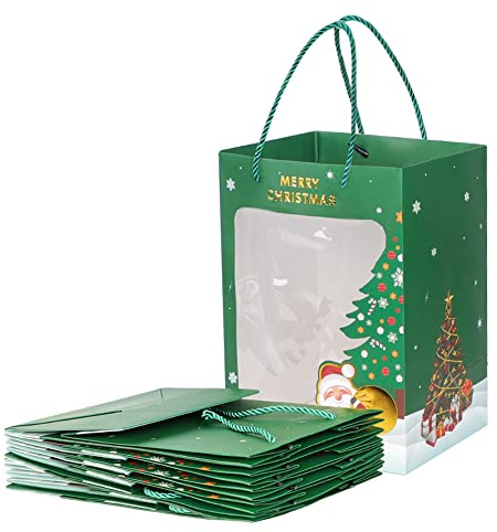 10 Stück Geschenktasche Weihnachten Mini Verpackungstüten mit Sichtfenster Griff Geschenktüten Weihnachtsmuster Papiertüten Niedlich Tüten Weihnachtlich Geschenkverpackung für Neujahr Party Grün