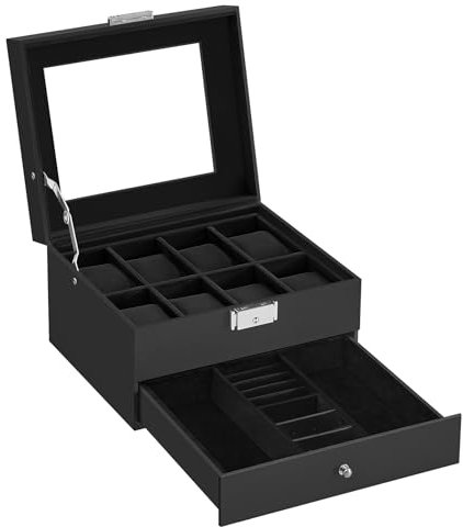 SONGMICS Watch Box, Watch Case with Glass Lid, 2-Tier Watch Display Case for 12 Watches, Lockable, 1 Drawer, for Rings, Bracelets, Gift Idea, Black Synthetic Leather, Black Lining JWB080B01