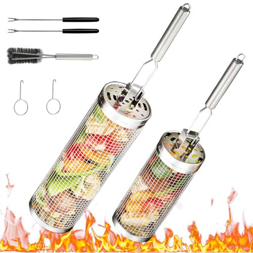 2 Stück Grillkorb Edelstahl mit Abnehmbarem Griff, Grillkorb Zylindrisch Eine groß 33×9.5cm + Eine klein 24×8.5cm, Rolling Grillkorb Grillzubehör Camping und Terrassengrills Freien, BBQ GrillgemüSe