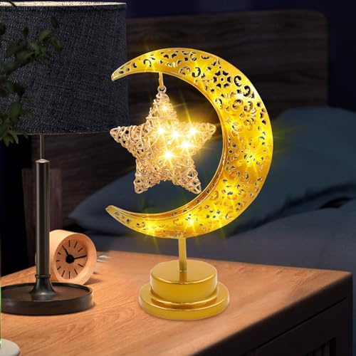 TaimeiMao LED Ramadan Lichter Mondlampe,LED Mond Stern Tischlampe,Eisen Ramadan Halbmond Lampe,LED Nachttischlampe Batteriebetrieben,Eid Dekoration Muslim Party,für Heim Schlafzimmer Büro Geschenk