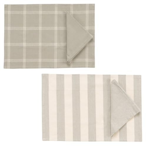 ROCKING GIFTS Set de x2 Mantel Mesa Individual de Algodón con Servilleta a Juego, Salvamantel, 2 Modelos Incluídos, Rayas y Cuadros en Beige y Blanco, 48 cm