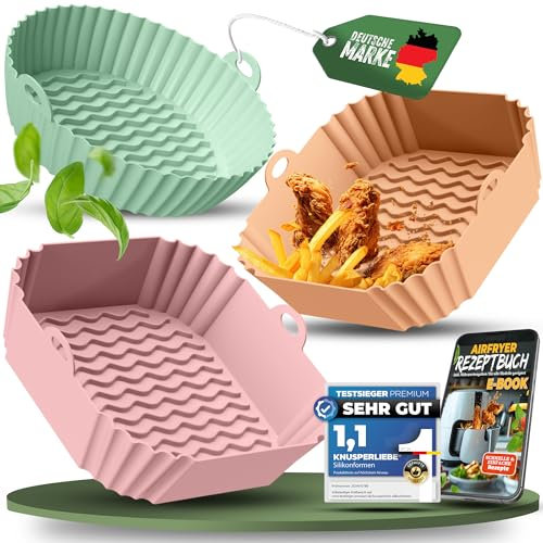KNUSPERLIEBE® 3er SET Silikonform für Heißluftfritteuse Zubehör | Silikoneinsatz für Airfryer, Spülmaschinen geeignet, BPA-FREI, Air fryer, ab 3,7L für Ninja Double Stack, Philips, Cosori, Tefal uvm.