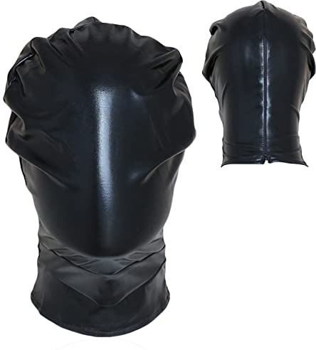 JIAHUIFA Bondage Leder Kopfmaske Isolationsmaske ohne Augenlöcher oder Nasenlöcher Reißverschluss hinten Full Face Hood Maske Fetisch Bett Fesseln Erotik Cosplay Sexspielzeug für Paare Männer Frauen