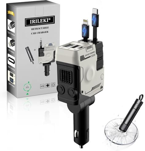 IRILEKI Cargador Coche Carga Rápida, 4 en 1 Cargador Mechero Coche USB+Retráctil Cable, Cargador Coche USB C Adaptador Compatible con iPhone 16/Galaxy/Google, con Martillo Emergencia Coche
