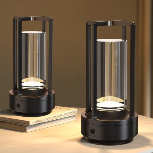Hapfish 2 Piezas Lámpara de mesa LED recargable sin cable, lampara de mesa inalámbrica, regulable, 3 modos de color, lampara mesita noche de metal, para exterior, restaurante, dormitorio, mesita