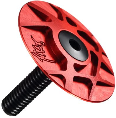 LUOKEKE SteuersäTze Aluminium 7075 Kopfkappe Tune-Cap Steuersatzzubehör Extra leichte CNC-gefräste Oberseite und Bolzenvorbaukappe Fahrradteil Bike Risk Ahead Kappe(RED)