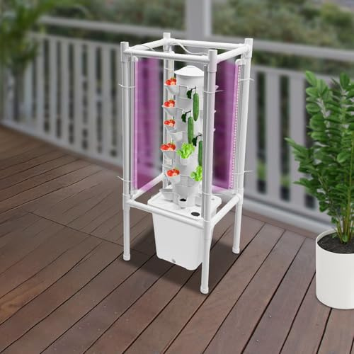 Donened - 30 Holes Hydroponic Tower, Hydroponics Tower, Garden Hydroponic, Kit di coltivazione aeroponica con pompa dell'acqua, tubo, adattatore, per erbe, frutta e verdura, 39 x 39 x 97 cm (grigio)