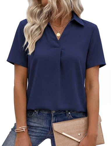 PASUDA Blusa Mujer Manga Corta Casual Camisas con Cuello en V de Verano Camisa Holgada Elegante de Color Sólido Suelta Tops (Azul Oscuro, S)