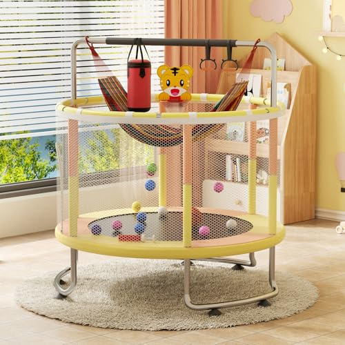 5FT Eisen Kindertrampolin, Trampolin Outdoor rechteckig,Kindertrampolin für draußen,Trampolin Indoor Kinder, mit Sicherheitsnetz, Korb, Stange, Schaukel, Geschenk für Kinder (Orange Gelb)