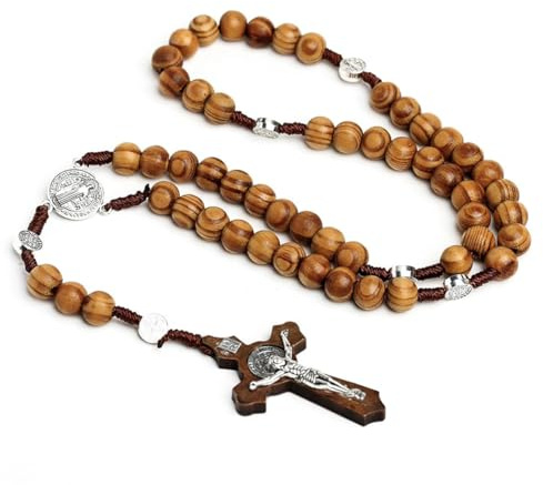 VQEOEOT Collier Chapelet en Bois d'Olivier, Croix Catholique, Collier de Perles de Prière, avec Croix Médaille Jésus Christ Saint Benoît, pour Dames et Messieurs, Communion, Baptême, Messe