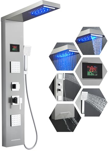 ROVOGO Duschpaneel mit Armatur und LED Temp-Anzeige, 6-Funktion Duschsäule ohne Batterie - LED Regen-/Wasserfallkopf, 2 Eckige Massagedüsen, Handbrause, Wanneneinlauf, Edelstahl Gebürstet, Wandmontage