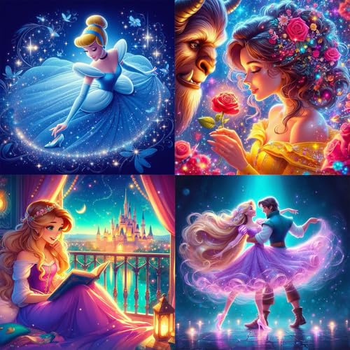 KEYRANKE 4 Stück Diamond Painting Bilder Prinzessin Set, 5D Diamant Painting Erwachsene, Round Full Drill Diamond Painting, DIY Kunstwerk für Home Wand Dekor Geschenk, 30×30cm/12×12inch