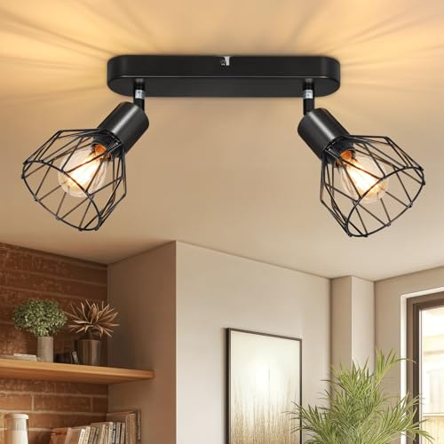 Kimjo LED Deckenleuchte 2 Flammig, E14 Deckenlampe Strahler Rund, Schwarz | E14 Deckenstrahler 2 Flammig Schwenkbar, Modern Deckenspots Strahler Innen für Schlafzimmer Wohnzimmer, Ohne Leuchtmittel