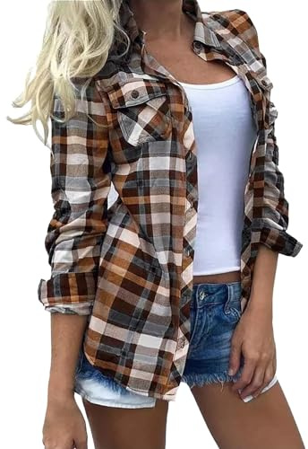 Checked Shirts Womens Classic Long Sleeve Plaid Fall Outdoor Camping Shirt Blouse Lightweight Regular Fit Collared V Neck Button Down Workwear Ladies Tops Cardigan with Pockets Brown