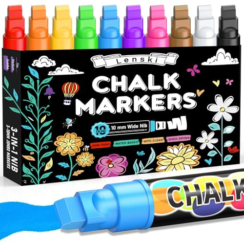 Lenski 10 Kreidestifte für Tafel Abwaschbar, 10MM Kreidestifte für Fenster, Einschulung Mädchen, Schultüte Füllung, 3-in-1 Spitze Kreidemarker Fensterstifte, Whiteboard Marker Stifte Kinder