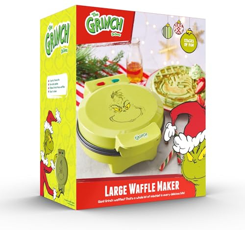 The Grinch Large Waffle Maker, Non-Stick Plates, Green, Compact Design with Cable Storage