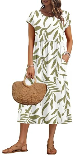AUSELILY Women's Summer Short Sleeve Midi Dresses A-line Shift Loose Long Dress with Pockets, Beige Brown Leaf L