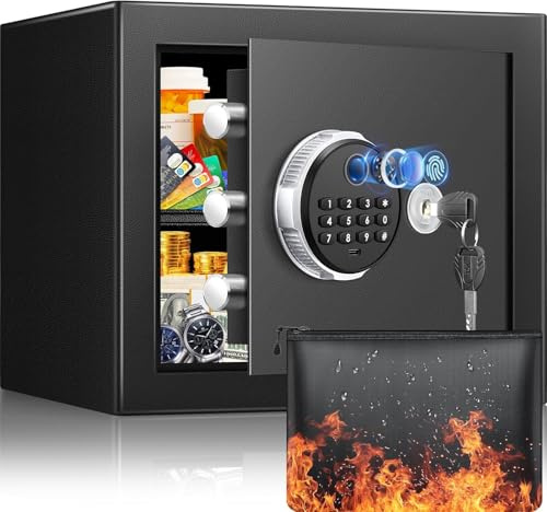 Tiskgg Coffre-fort à empreinte digitale pour la maison avec poche ignifuge, coffre-fort à empreinte digitale de 22 L avec étagère amovible et mode d’alarme double, coffre-fort numérique pour argent