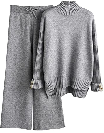 Completo in Maglia Donna 2 Pezzi con Maglione a Collo Alto e Pantaloni Palazzo Tuta da Casa Elegante Invernale Autunn Completi Comoda Calda Casual Oversize per Lavoro Sportiva,Grigio,Taglia Unica