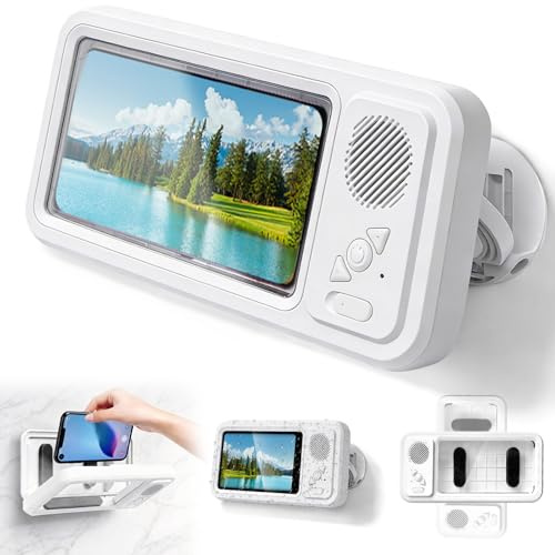 Gullora Shower Phone Holder with Speaker, Waterproof Wall Mounted Shower Phone Case for Bathroom, Touch Screen Anti-Fog Phone Holder with Bluetooth Speaker