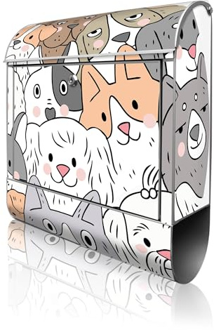 banjado Design Briefkasten personalisiert 38,5x46,5x13cm & 2 Schlüssel - Briefkasten Stahl Weiß Zeitungsfach pulverbeschichtet - Postkasten A4 Einwurf inkl. Montagematerial - Motiv Hunde Gruppe neugie
