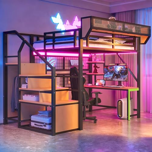 Merax Metall Hochbett 140x200 cm, mit Schreibtisch, Regal, Jugendbett mit Stauraumleiter, LED und Steckdose, multifunktionales für Kinder und Jugendliche, Schwarz (ohne Matratze)