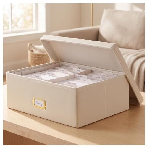 INMAKER Fotobox Aufbewahrungsbox PU Leder, Fotoaufbewahrung 10x15 cm, Weiß | Dekorative Bilderbox für 1700 Fotos, Trennwände für Ordnung, stabiler Boden für sichere Archivierung, stilvoll Erinnerungen