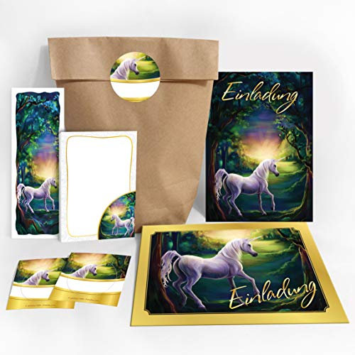 JuNa-Experten 8 Einladungskarten zum Kindergeburtstag Einhorn für Mädchen/Unicorn incl. 8 Umschläge, 8 Tüten/natur, 8 Aufkleber, 8 Blöcke, 8 Lesezeichen