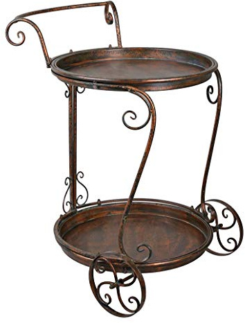 PALAZZO INT SERVIERWAGEN „Maison Provence“ – Barwagen aus Eisen mit Kupfer/Antik-Rost Patina Shabby Chic Landhausstil 2 Ablagen Ornamente Teetisch Vintage Möbel 83×52×67 cm Ø 52 cm