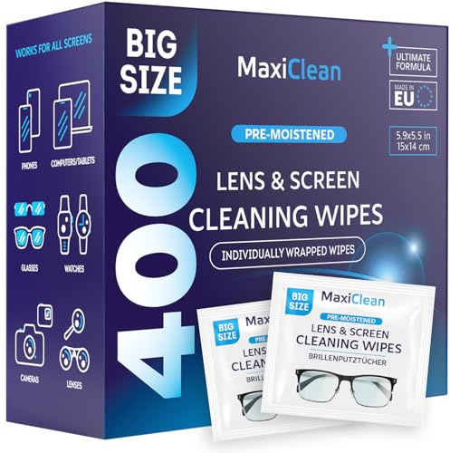 Glasses Wipes Lens Cleaner - Lens Wipes for Eyeglasses - 400 Pre-moistened Individually Wrapped Wipes for Eye Glasses, Electronics, Phone, Computer, Laptop Screen - Camera Lens Cleaner - Made in EU
