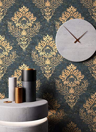 NEWROOM carta da parati Azzurre Ornamento Tessuto non Tessuto - Barocco Neri Oro Splendore Glamour