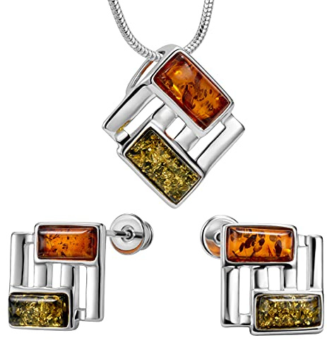 Copal Conjunto De Joyas De Ámbar Con Pendiente Rectangular De Plata De Ley