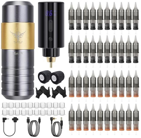 TATELF Wireless Kit per Tatuaggi Macchinetta Tatuaggi con 40 pezzi Cartuccia aghi del tatuaggio 20 pezzi vasos de tinta vendas guantes per principianti e tatuatori