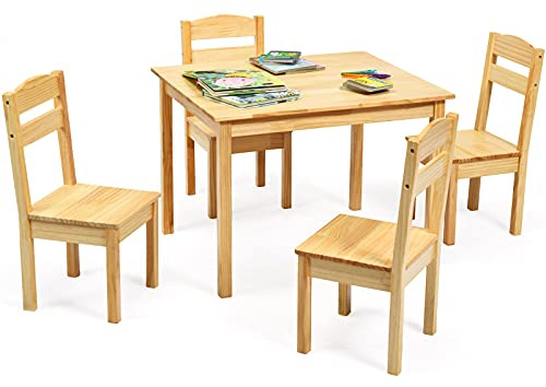 HONEY JOY Kids Table and Chair Set, Wooden Toddler Table and 4 Chairs for Arts & Crafts, Snack Time, 5-Piece Children Furniture Set for Daycare, Kindergarten, Playroom, Gift for Boys Girls (Natural)
