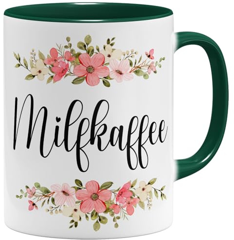 OM3® witzige Milfkaffee Kaffee-Tasse mit Spruch - Milf Blumig Kitschig - Keramik Becher - 11oz 325ml - Beidseitig Bedruckt - Grün