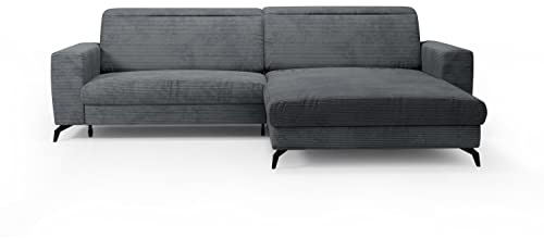 CAVADORE Ecksofa Bounce mit Cord-Bezug / L-Form-Sofa mit Schlaffunktion, Bettkasten + Kopfteilverstellung / 290 x 88-108 x 178 / Breitcord, Grau