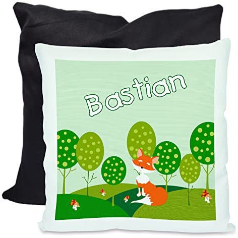 CreaDesign, Kinder Kissen 40x40 cm personalisiert mit Namen, Kinderzimmer Deko Kissen Kinder mit Füllung Federn, Motiv Fuchs, Rückenfarbe Schwarz