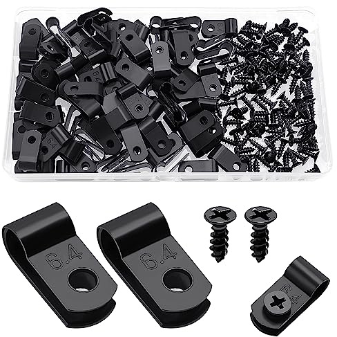 VooGenzek 100 St 6.4 mm (1/4 Tum) R-Typ Kabelhållare i Nylon, Kabelklämma av R-Typ med 100 St Skruvar, för ledningshantering (Svart)