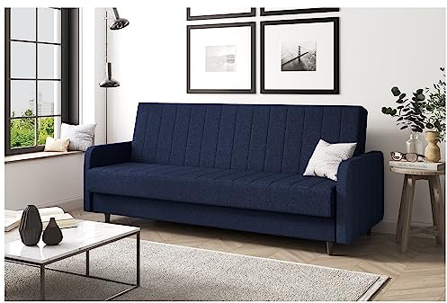 MEBLINI Sofa mit Schlaffunktion - Schlafcouch Ausziehbar - Schlafsofa mit Bettkasten - Sofabett - Couch mit Schlaffunktion - Klappsofa - Andres 3-220x87x93cm - Blau Webstoff
