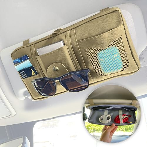 MyGadget Organizador de Parasol de Coche de Cuero Sintético - con Bolsillo Interior - Accesorio para Automovil para Ordenar Cosas - Ideal en Viaje - Crema