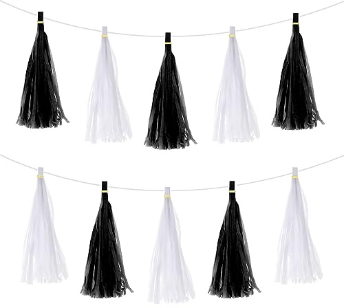 sourcing map 20Stk Schwarz Weiß Quaste Girlande Banner mit Seil Seidenpapier Quasten Party Quasten Bastel Set für Hochzeit Geburtstag Party Deko