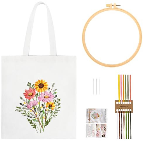 JSRQT Canvas-Taschen-Stickset für Anfänger Erwachsene, Komplettes Stick Starter Set mit Blumenmuster, DIY Kunst Nähhandwerk, Kreuzstich Set Embroidery Tote Bag inklusive Anleitung, Nadeln, Fäden, Weiß