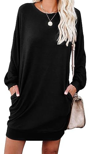 PrinStory Women Jumper Dress Long Sleeve Winter Dresses Casual Loose Mini Dresses Knitted Pullover Sweater Tunic Tops Basic Dress With Side Pockets UK Size 10-12 (Black, M)