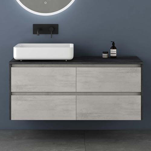 doporro Mobile Bagno Sospeso 120 cm con Lavabo da Appoggio in Marmoresina Bianco, Specchio LED, 4 Cassetti Soft Close, Mobiletto Sottolavabo Naturale Chiaro, Set Mobili Bagno Normal