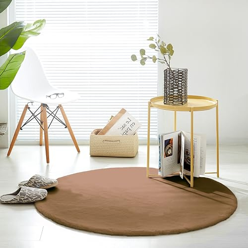 Kunst-Fell-Teppich Kurzflor | Flauschiger Wohnzimmer-Teppich, als Schlafzimmer Deko oder Kinderzimmer | rutschfest und waschbar in Waschmaschine | Braun - Rund 120cm