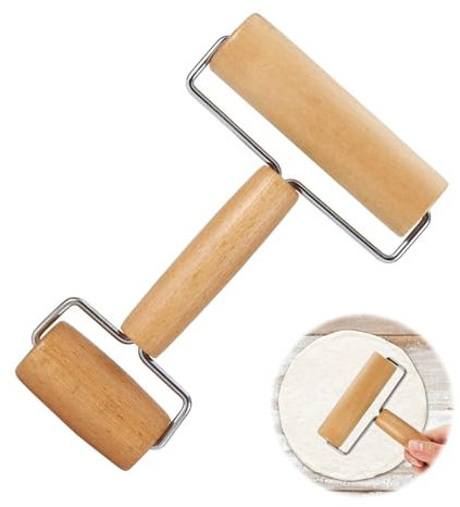 MisFun Mattarello in Legno, Mattarello con Due Ruote, Rullo per Pizza in Legno, Mattarelli per Cottura Rullo per Impasto Antiaderente Accessorio da Forno per Stendere Torte, Pizze e Biscotti