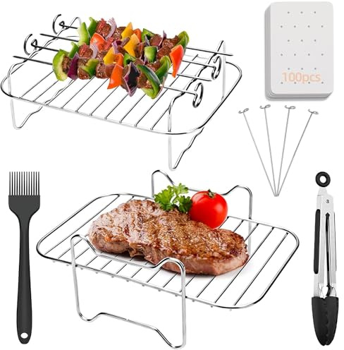 Juego de 8 soportes para freidora de aire compatible con Ninja Dual AF300Uk, otras freidoras rectangulares de 7.6 L, los accesorios incluyen 2 parrillas, 4 pinchos, 1 cepillo, 1 pinza y 100 papeles