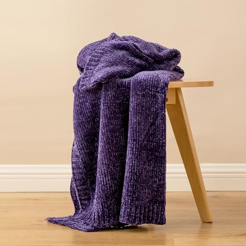 BATTILO HOME Purple Throw Blanket for Couch, Chenille Knitted Blanket Throw for Home Decor, Super Soft Dark Purple Blankets for Bed, 130x170cm