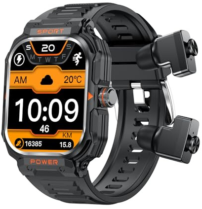 Zephyrion Smart Watch avec écouteurs pour Hommes, 2.01'' Grand écran Tactile Robuste Smartwatch Militaire pour Android iOS, fréquence Cardiaque, Appel Bluetooth IP67 étanche (Noir)